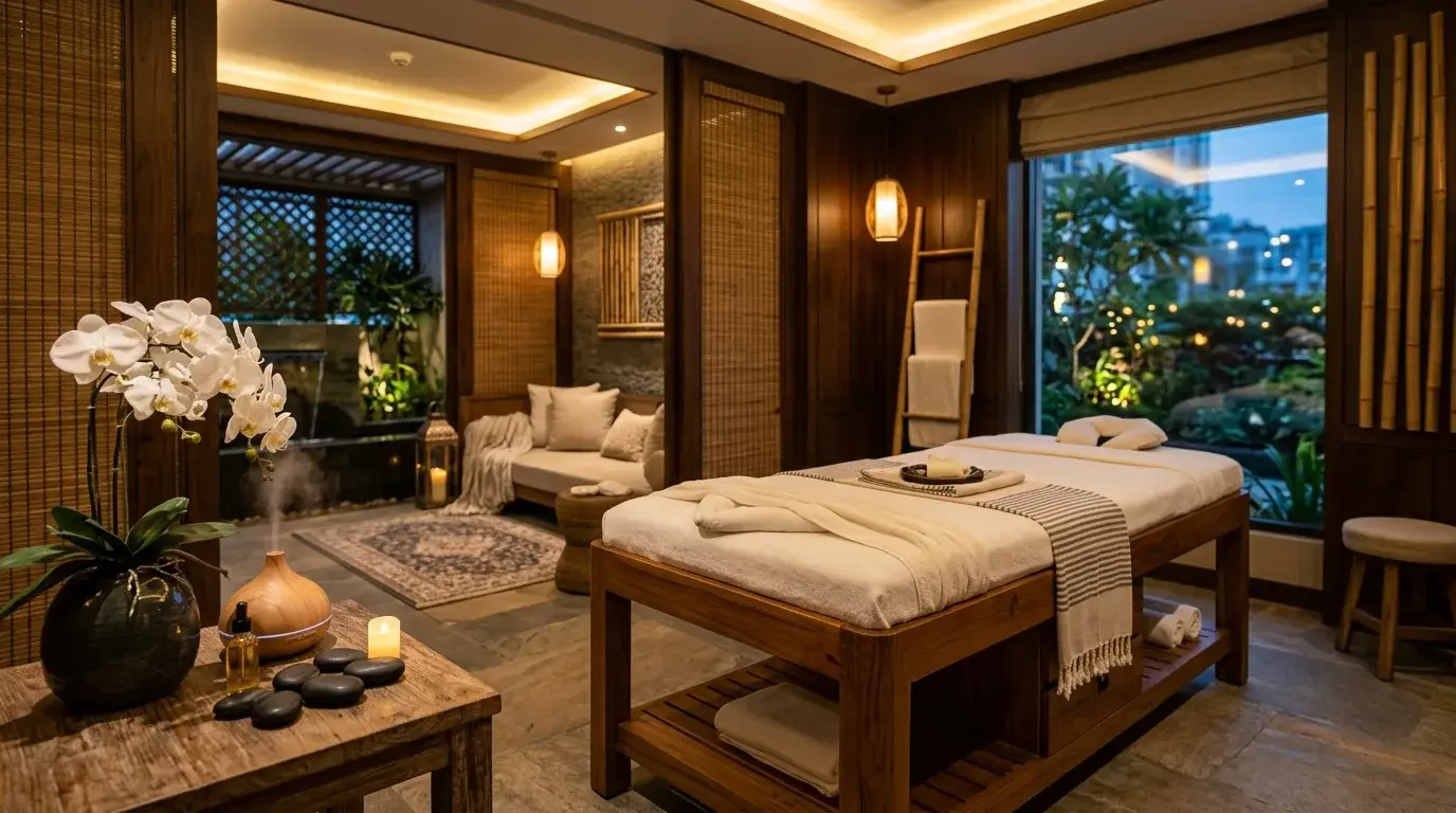Illustrative spa interior with warm wood, soft lighting and a treatment bed