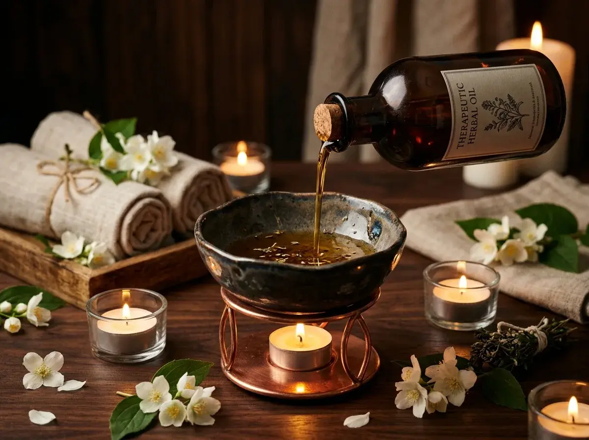 Illustrative hot oil massage wellness imagery